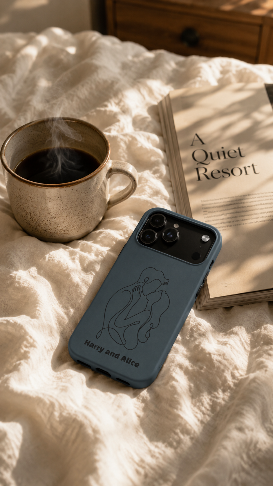 Personalized PU Leather Phone Case — Minimal Couple Line Art Engraved (Custom Names and Design)