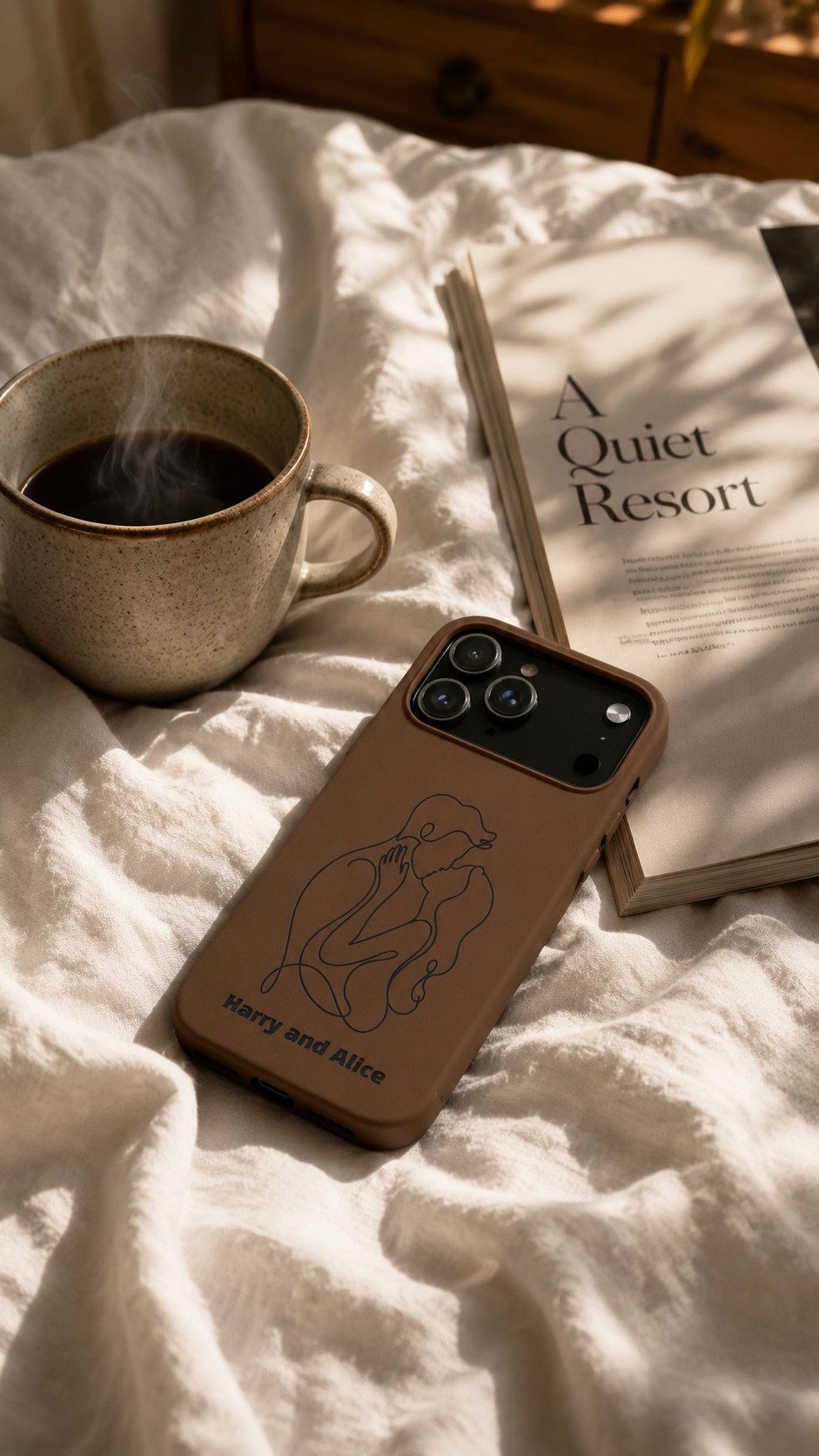 Personalized PU Leather Phone Case — Minimal Couple Line Art Engraved (Custom Names and Design)