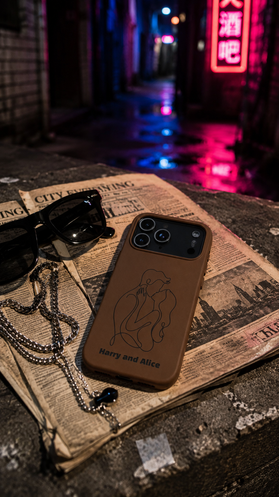 Personalized PU Leather Phone Case — Minimal Couple Line Art Engraved (Custom Names and Design)